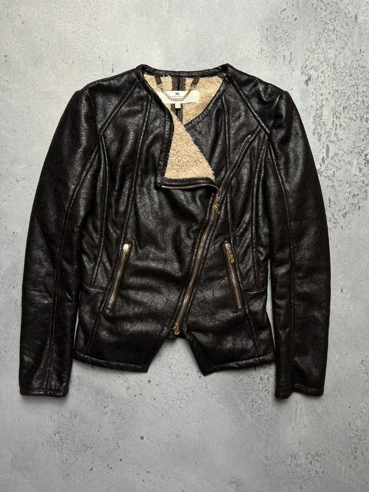 Elisabetta Franchi Fur Zip-Up Jacket Moto Biker Style Zipper
