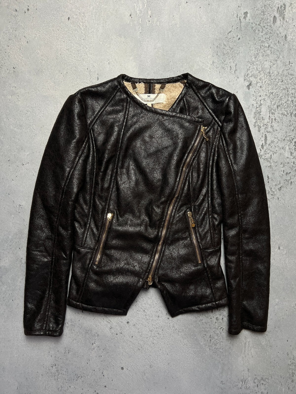 Elisabetta Franchi Fur Zip-Up Jacket Moto Biker Style Zipper