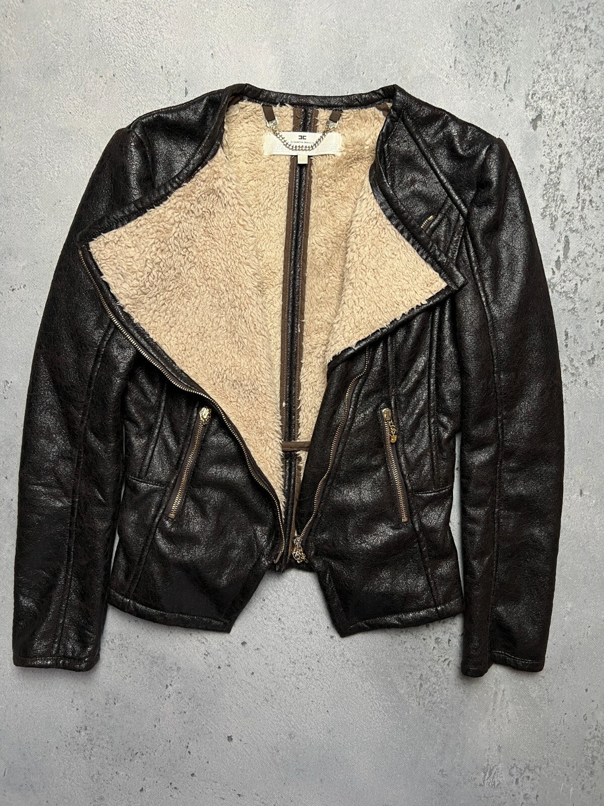 Elisabetta Franchi Fur Zip-Up Jacket Moto Biker Style Zipper
