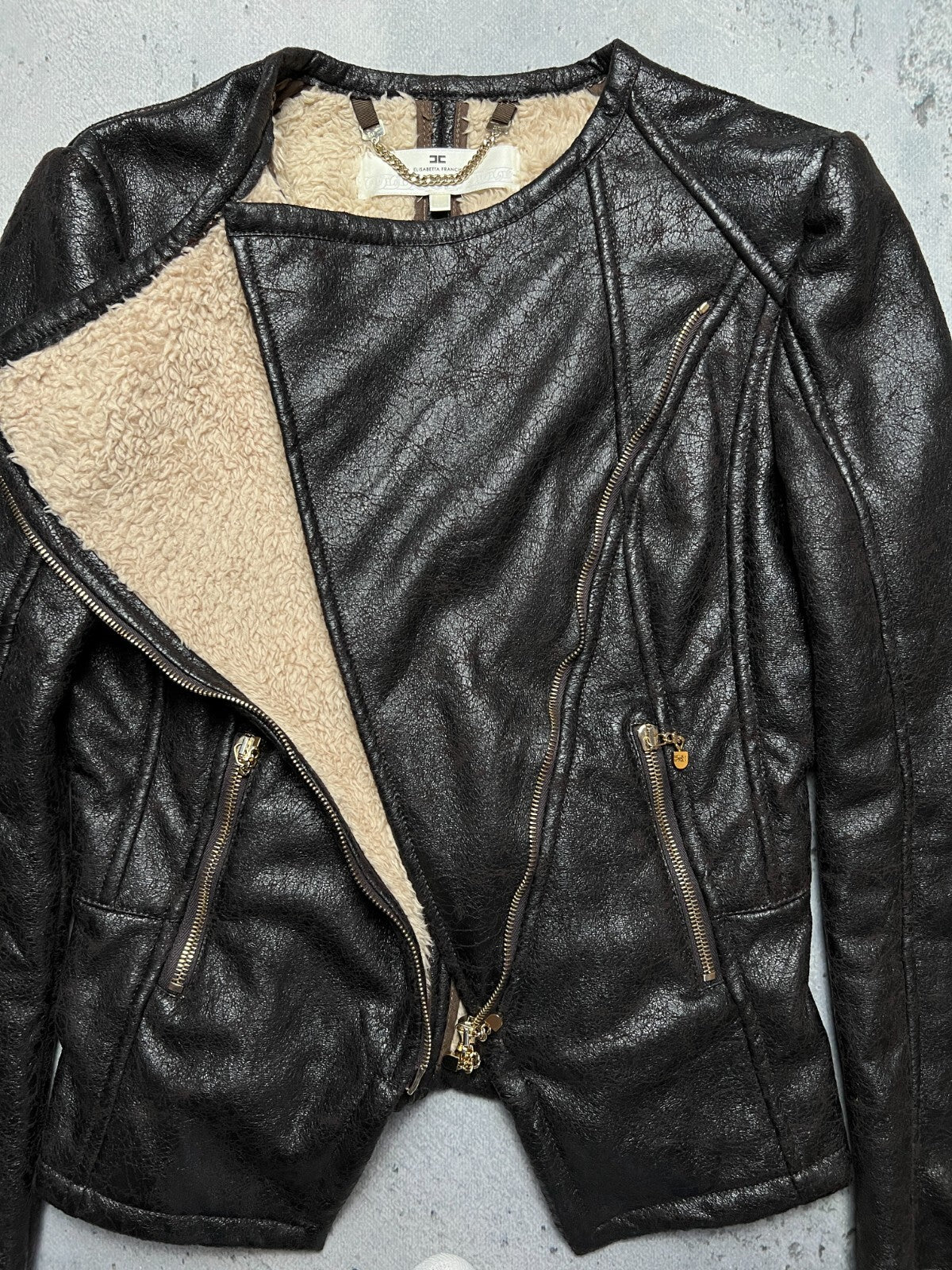 Elisabetta Franchi Fur Zip-Up Jacket Moto Biker Style Zipper
