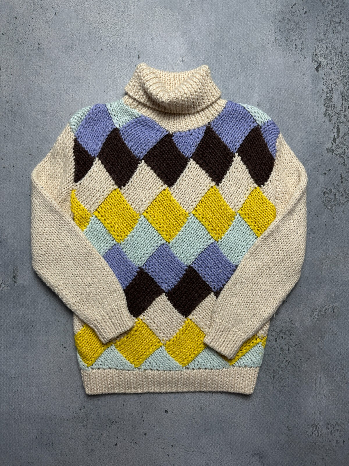 Ganni Chunky Knit Sweater Colorful Argyle Pattern High-Neck