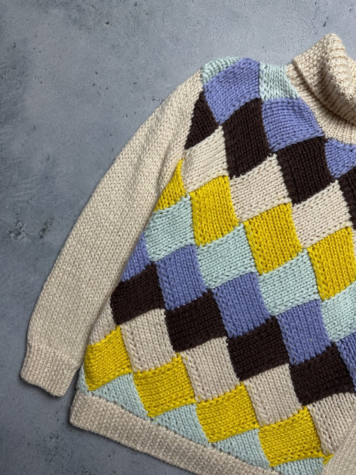 Ganni Chunky Knit Sweater Colorful Argyle Pattern High-Neck