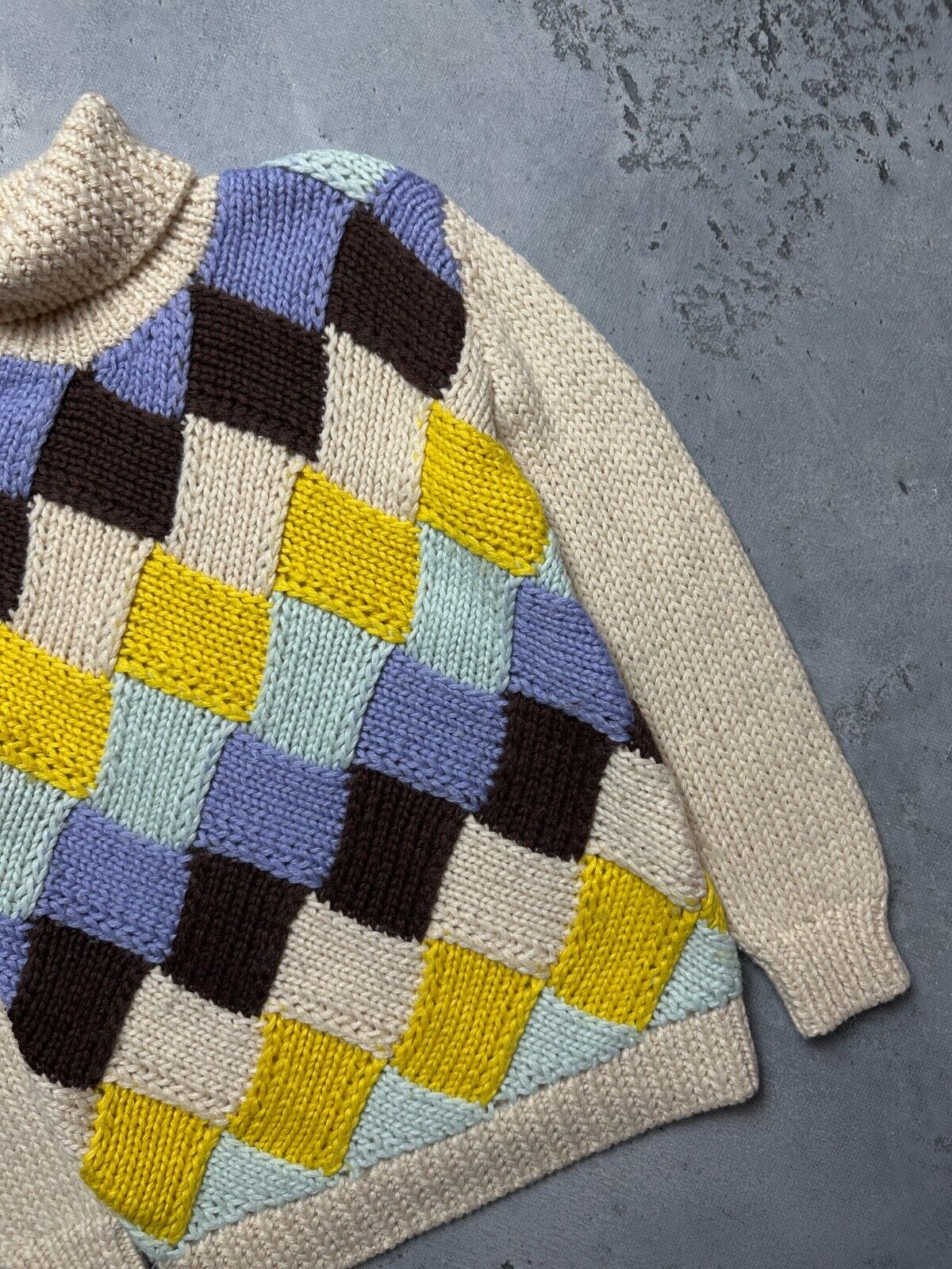 Ganni Chunky Knit Sweater Colorful Argyle Pattern High-Neck