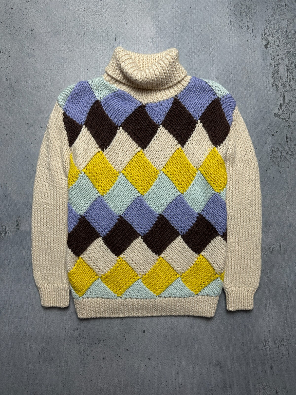 Ganni Chunky Knit Sweater Colorful Argyle Pattern High-Neck
