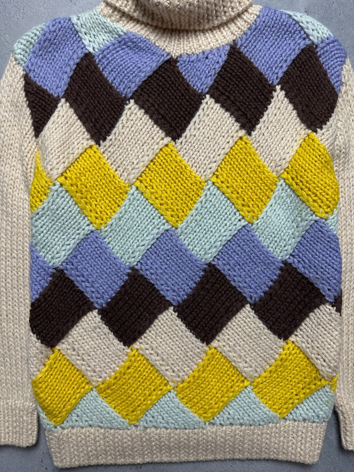 Ganni Chunky Knit Sweater Colorful Argyle Pattern High-Neck