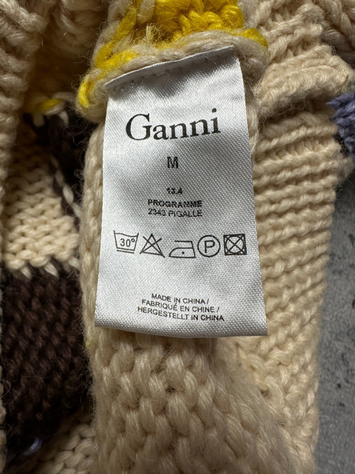 Ganni Chunky Knit Sweater Colorful Argyle Pattern High-Neck