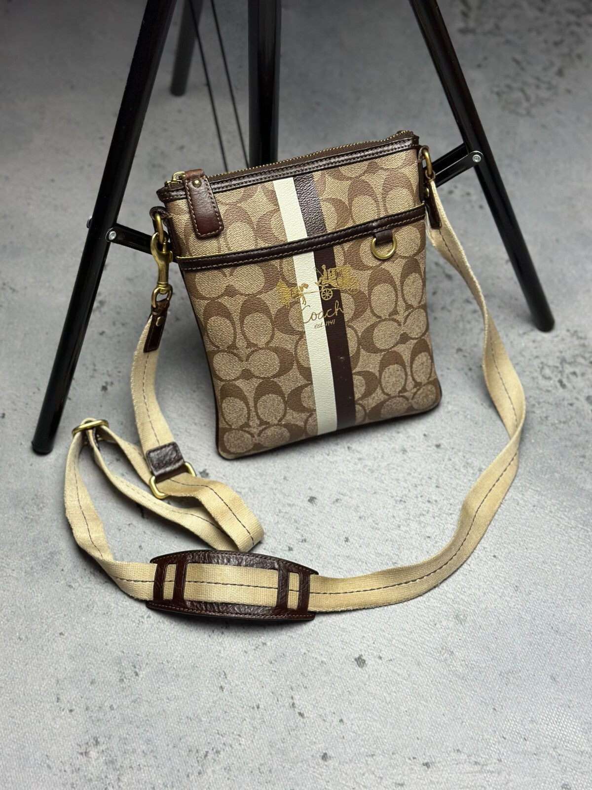 Coach Monogram Stripe Detail Small Crossbody Shoulder Bag
