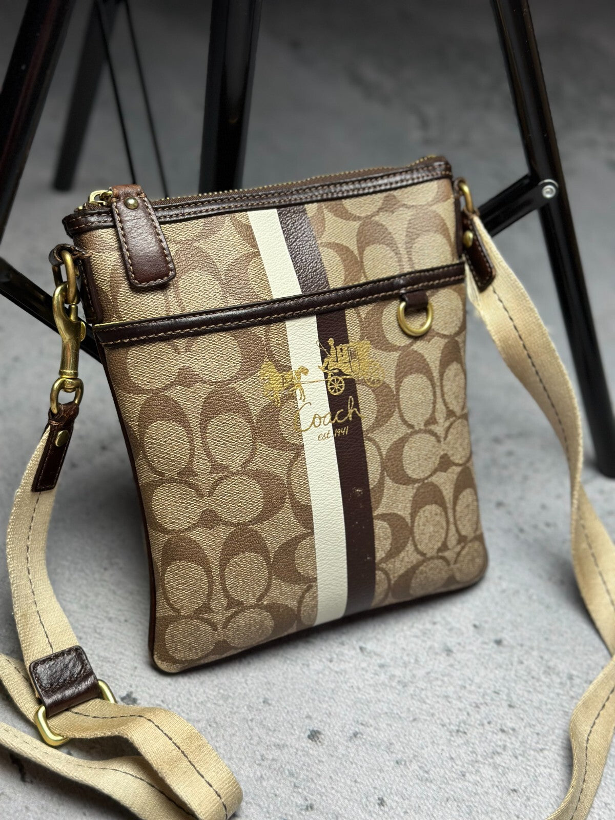 Coach Monogram Stripe Detail Small Crossbody Shoulder Bag