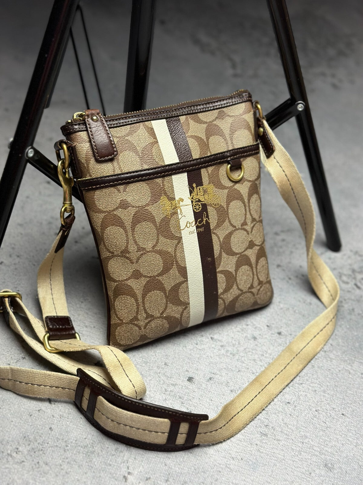 Coach Monogram Stripe Detail Small Crossbody Shoulder Bag