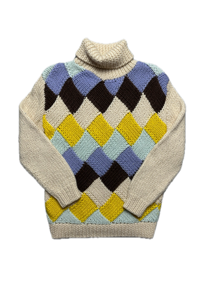 Ganni Chunky Knit Sweater Colorful Argyle Pattern High-Neck