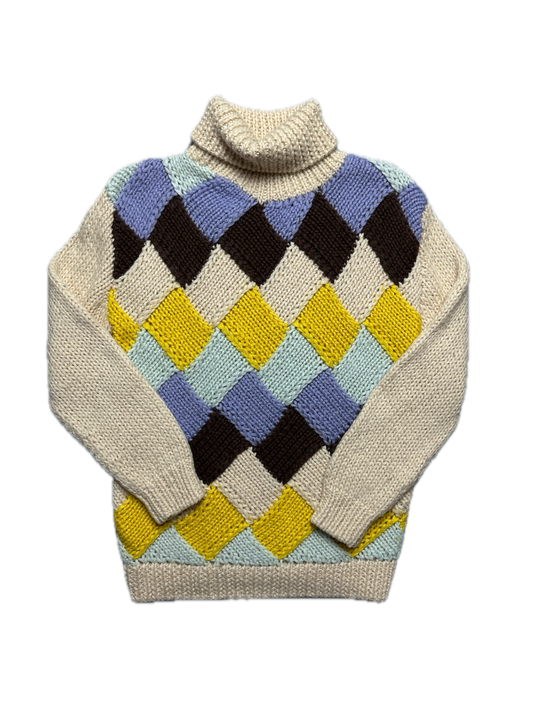 Ganni Chunky Knit Sweater Colorful Argyle Pattern High-Neck