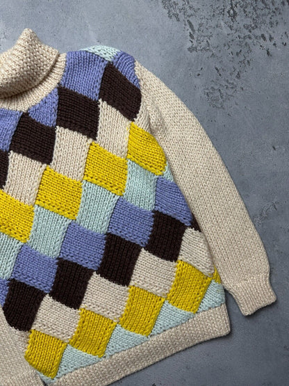 Ganni Chunky Knit Sweater Colorful Argyle Pattern High-Neck