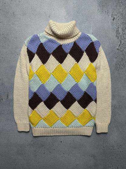 Ganni Chunky Knit Sweater Colorful Argyle Pattern High-Neck