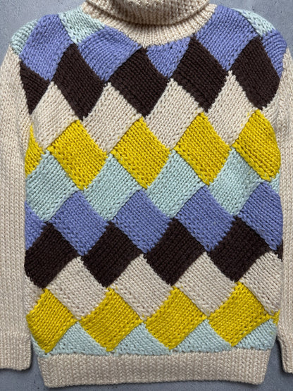 Ganni Chunky Knit Sweater Colorful Argyle Pattern High-Neck