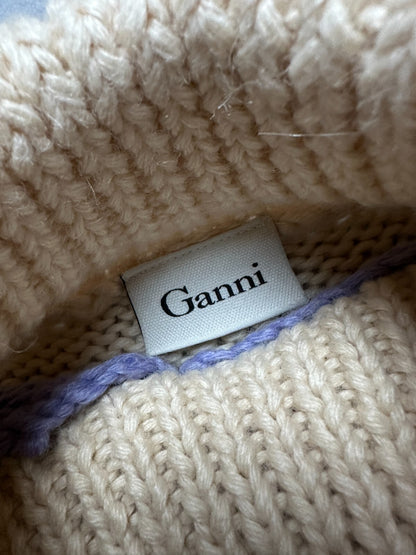 Ganni Chunky Knit Sweater Colorful Argyle Pattern High-Neck